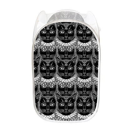 Black And White Gothic Wiccan Cat Print Mesh Laundry Hamper
