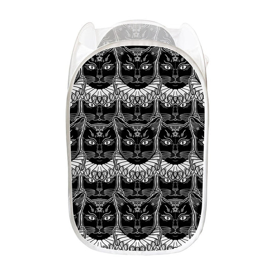 Black And White Gothic Wiccan Cat Print Mesh Laundry Hamper
