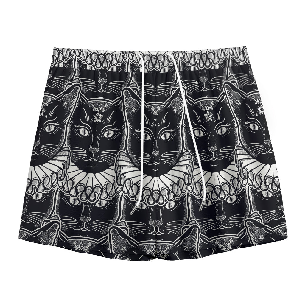 Black And White Gothic Wiccan Cat Print Mesh Shorts