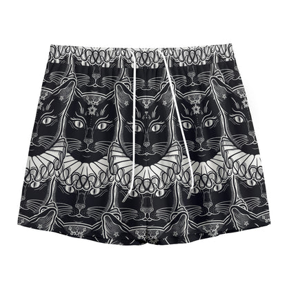 Black And White Gothic Wiccan Cat Print Mesh Shorts