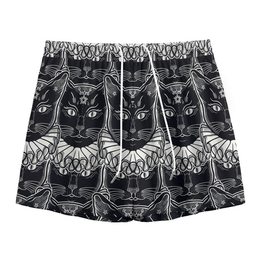 Black And White Gothic Wiccan Cat Print Mesh Shorts