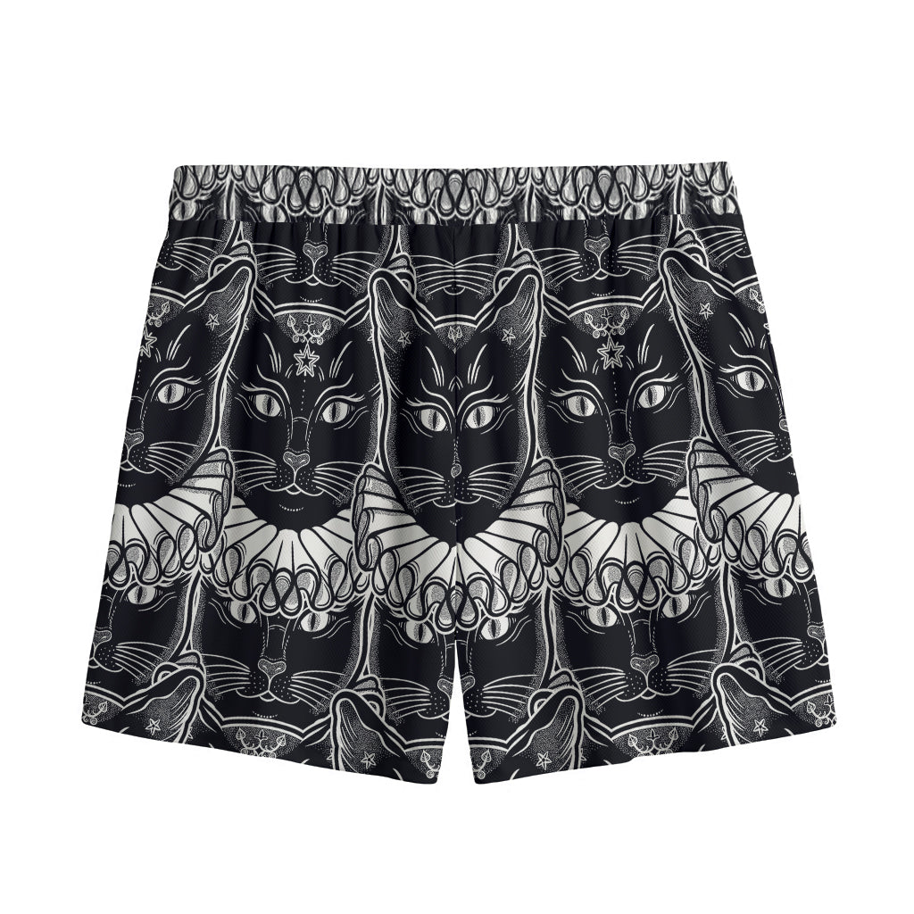 Black And White Gothic Wiccan Cat Print Mesh Shorts