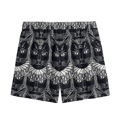 Black And White Gothic Wiccan Cat Print Mesh Shorts