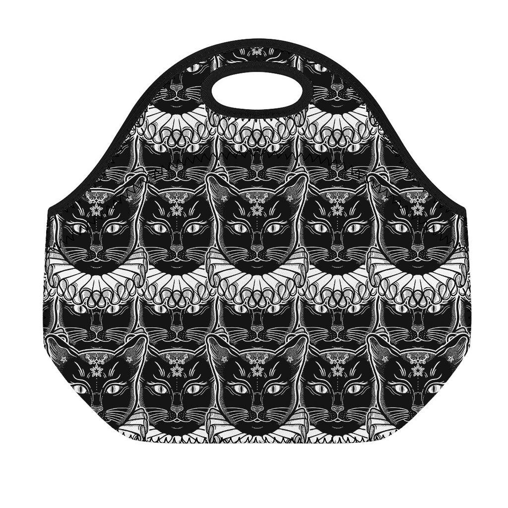 Black And White Gothic Wiccan Cat Print Neoprene Lunch Bag