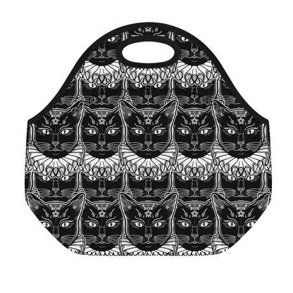 Black And White Gothic Wiccan Cat Print Neoprene Lunch Bag