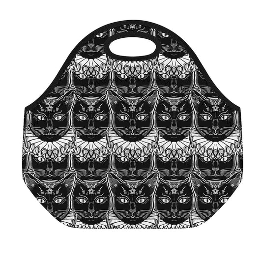 Black And White Gothic Wiccan Cat Print Neoprene Lunch Bag