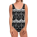 Black And White Gothic Wiccan Cat Print One Piece Swimsuit