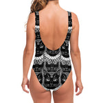 Black And White Gothic Wiccan Cat Print One Piece Swimsuit