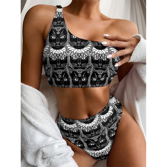 Black And White Gothic Wiccan Cat Print One Shoulder Bikini Top