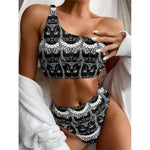 Black And White Gothic Wiccan Cat Print One Shoulder Bikini Top
