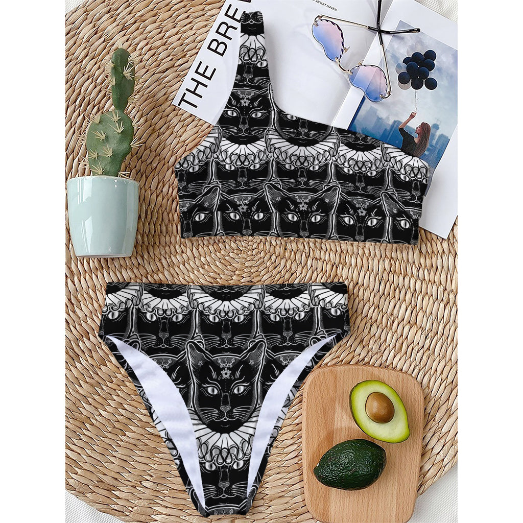 Black And White Gothic Wiccan Cat Print One Shoulder Bikini Top