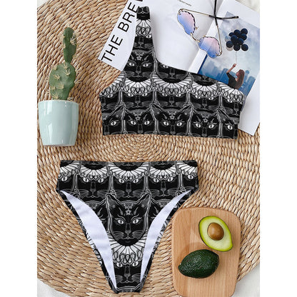 Black And White Gothic Wiccan Cat Print One Shoulder Bikini Top