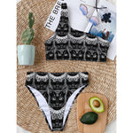Black And White Gothic Wiccan Cat Print One Shoulder Bikini Top