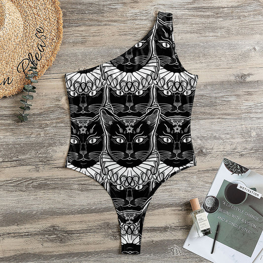 Black And White Gothic Wiccan Cat Print One Shoulder Bodysuit