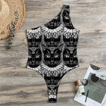 Black And White Gothic Wiccan Cat Print One Shoulder Bodysuit
