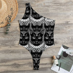 Black And White Gothic Wiccan Cat Print One Shoulder Bodysuit
