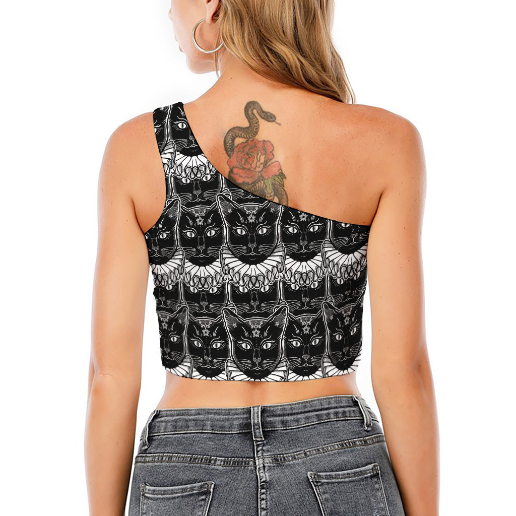 Black And White Gothic Wiccan Cat Print One Shoulder Crop Top