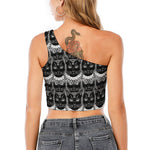 Black And White Gothic Wiccan Cat Print One Shoulder Crop Top