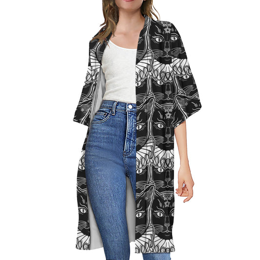 Black And White Gothic Wiccan Cat Print Open Front Beach Cover Up