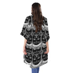 Black And White Gothic Wiccan Cat Print Open Front Beach Cover Up