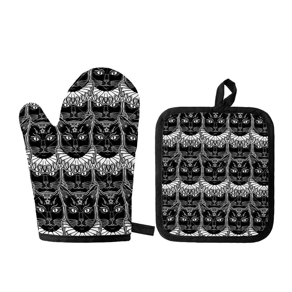 Black And White Gothic Wiccan Cat Print Oven Mitt And Pot Holder Set