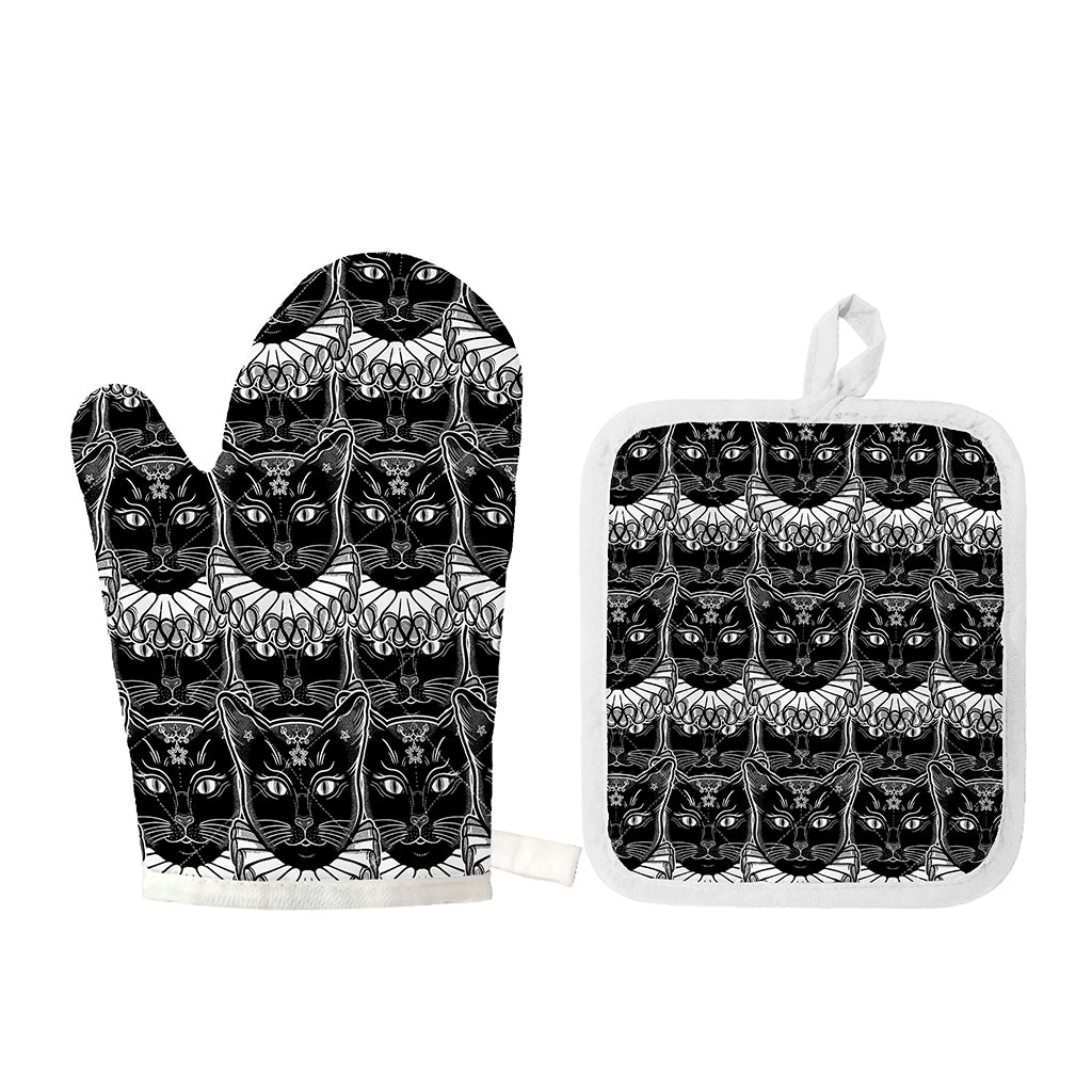 Black And White Gothic Wiccan Cat Print Oven Mitt And Pot Holder Set