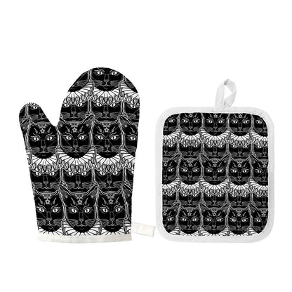 Black And White Gothic Wiccan Cat Print Oven Mitt And Pot Holder Set