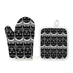 Black And White Gothic Wiccan Cat Print Oven Mitt And Pot Holder Set