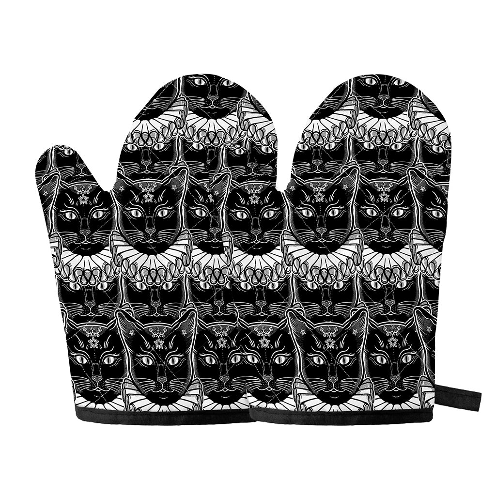 Black And White Gothic Wiccan Cat Print Oven Mitts