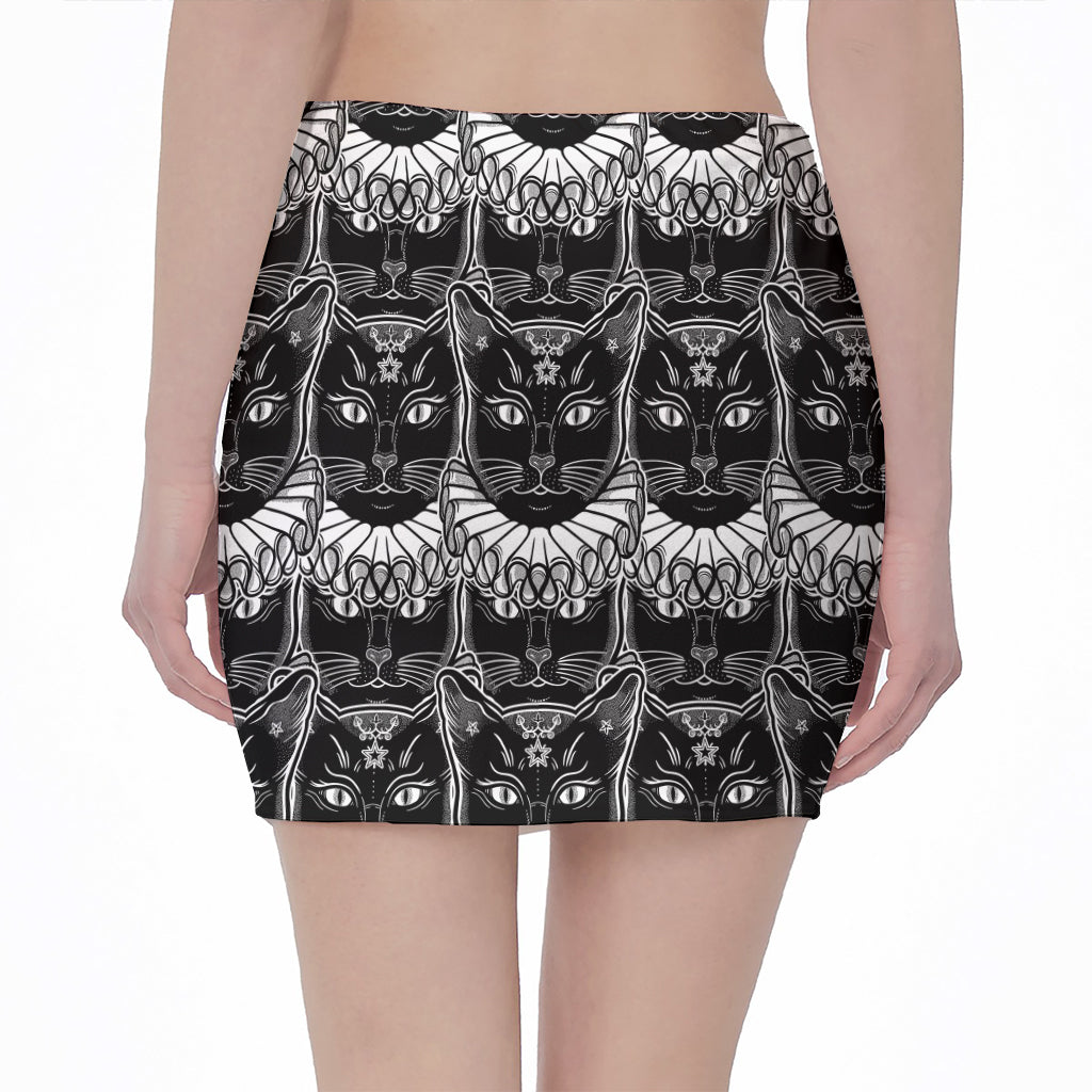 Black And White Gothic Wiccan Cat Print Pencil Mini Skirt