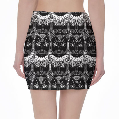 Black And White Gothic Wiccan Cat Print Pencil Mini Skirt
