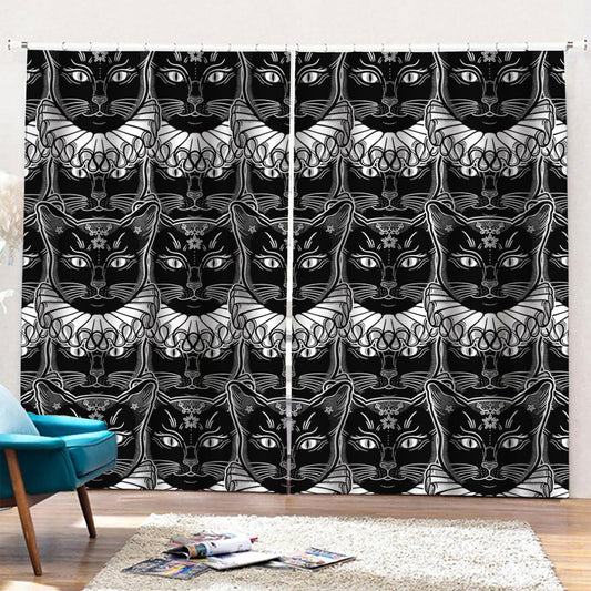 Black And White Gothic Wiccan Cat Print Pencil Pleat Curtains