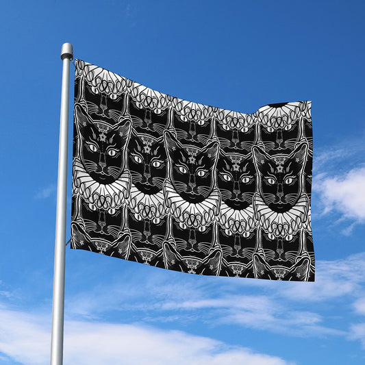 Black And White Gothic Wiccan Cat Print Polyester Flag