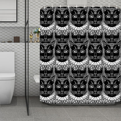 Black And White Gothic Wiccan Cat Print Polyester Shower Curtain