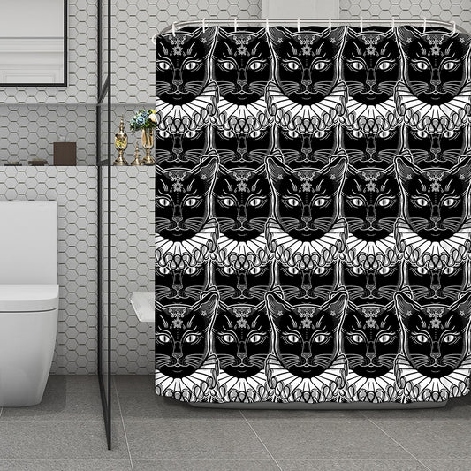 Black And White Gothic Wiccan Cat Print Polyester Shower Curtain