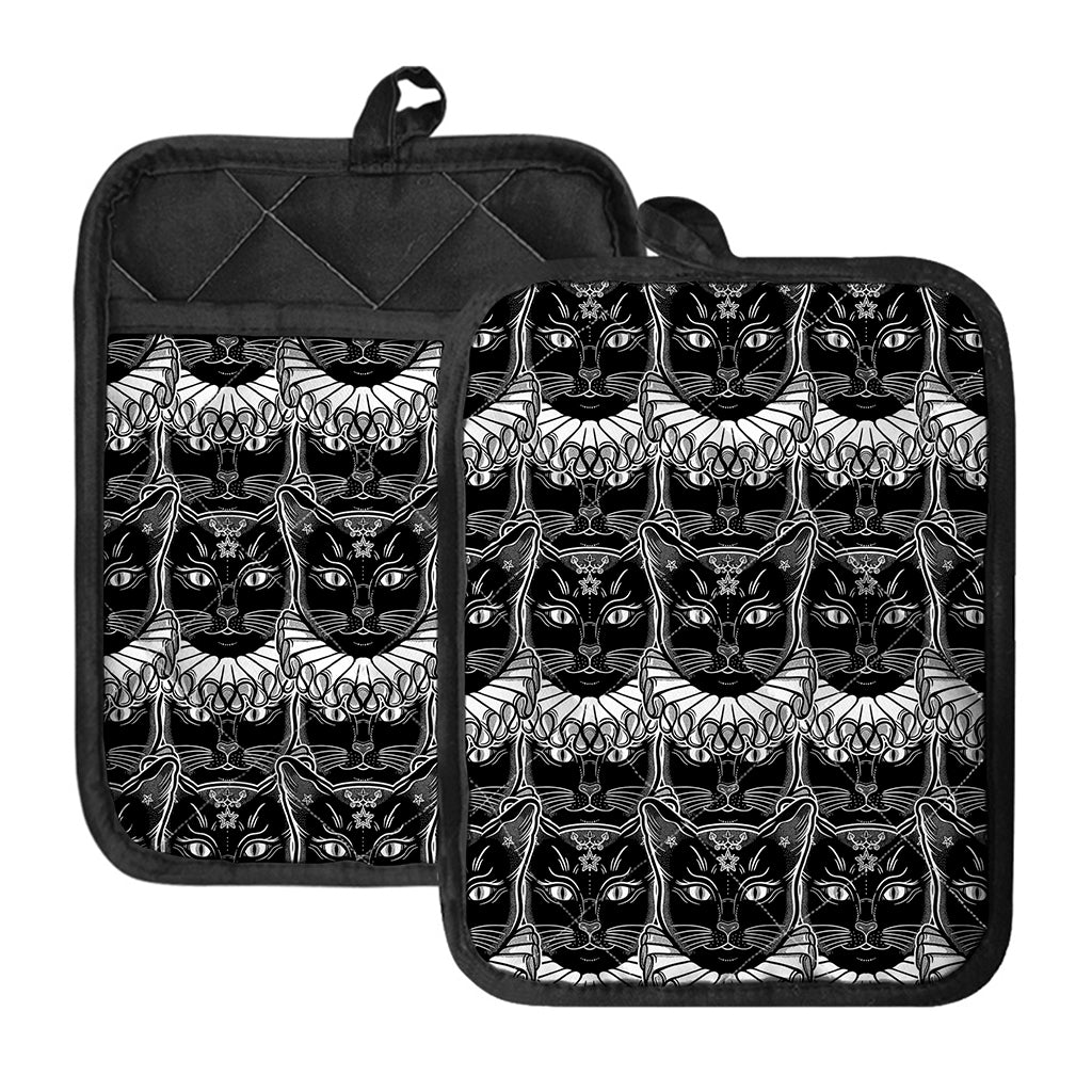 Black And White Gothic Wiccan Cat Print Pot Holders With Pocket