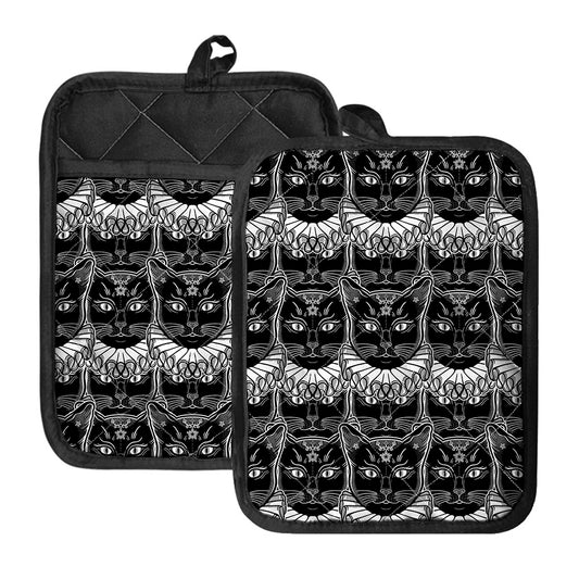 Black And White Gothic Wiccan Cat Print Pot Holders With Pocket