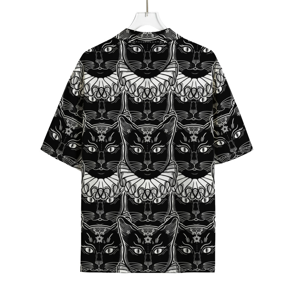 Black And White Gothic Wiccan Cat Print Rayon Hawaiian Shirt