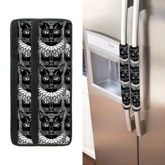 Black And White Gothic Wiccan Cat Print Refrigerator Handle Covers