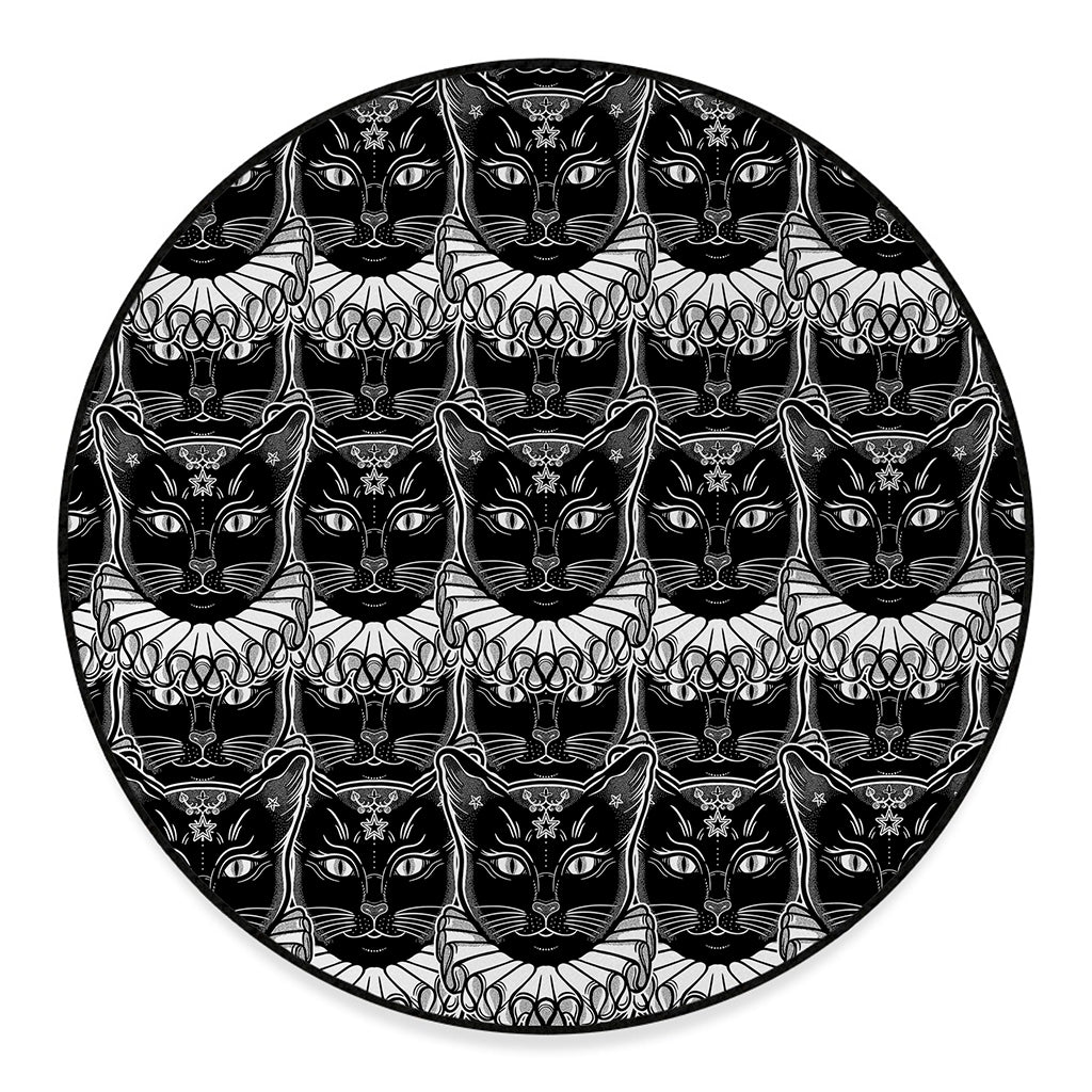 Black And White Gothic Wiccan Cat Print Round Floor Mat