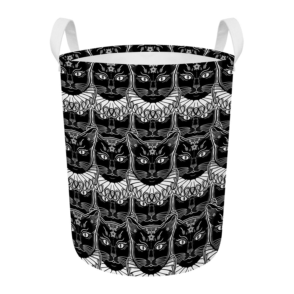 Black And White Gothic Wiccan Cat Print Round Laundry Basket