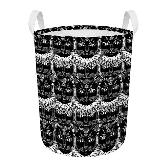 Black And White Gothic Wiccan Cat Print Round Laundry Basket