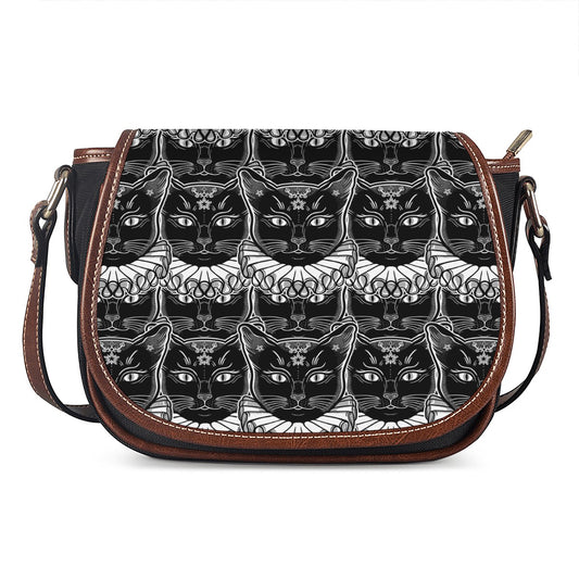 Black And White Gothic Wiccan Cat Print Saddle Bag