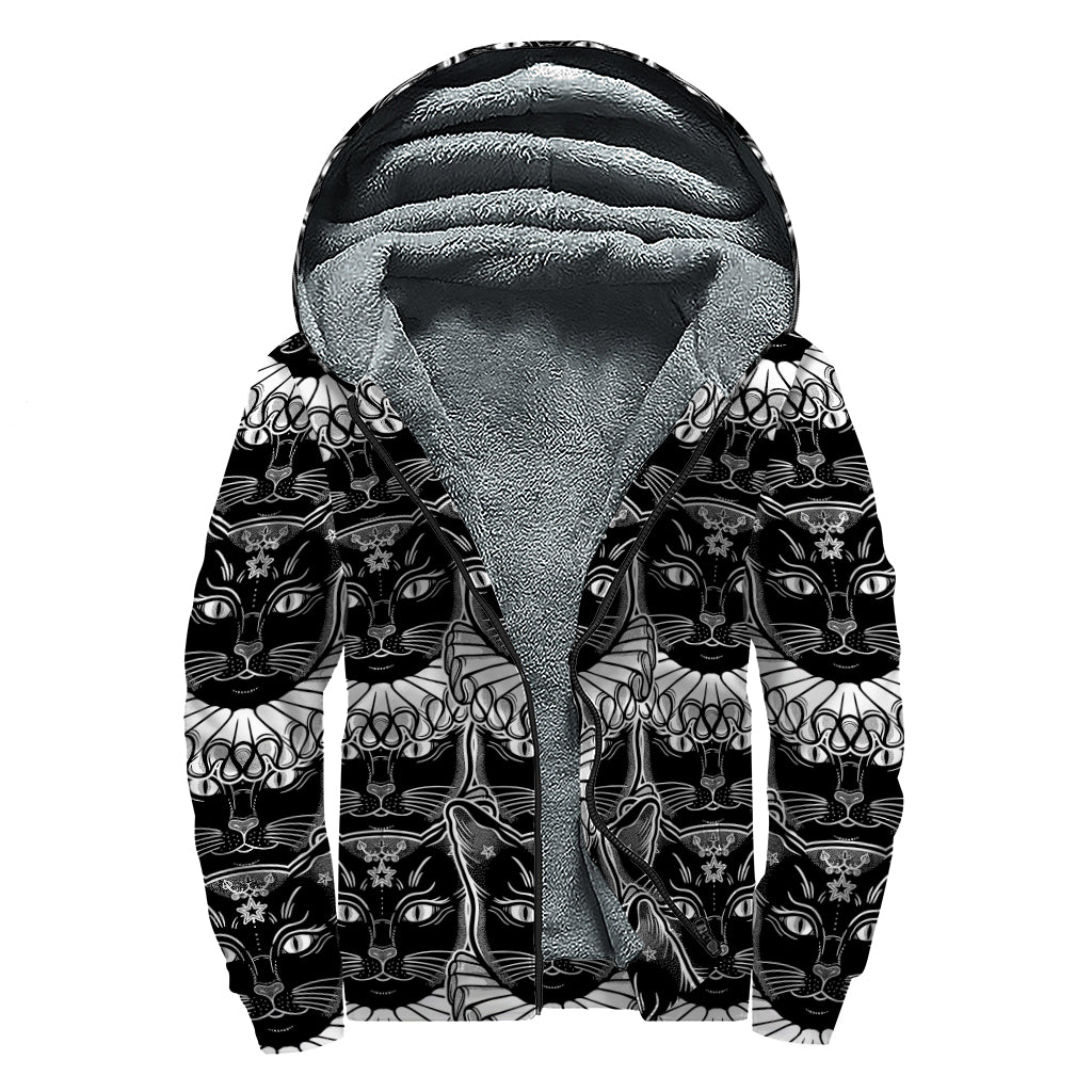 Black And White Gothic Wiccan Cat Print Sherpa Lined Zip Up Hoodie