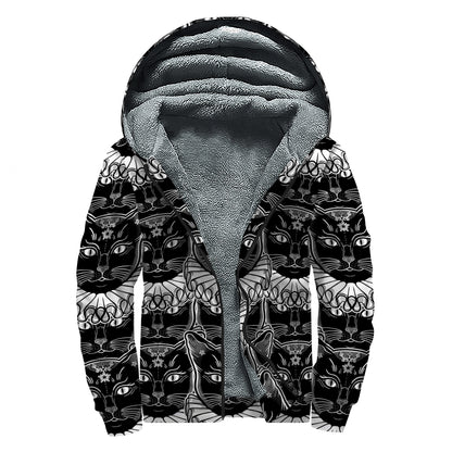 Black And White Gothic Wiccan Cat Print Sherpa Lined Zip Up Hoodie