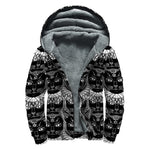 Black And White Gothic Wiccan Cat Print Sherpa Lined Zip Up Hoodie