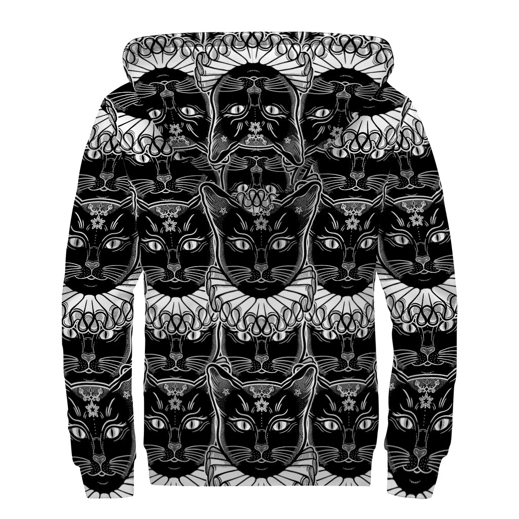 Black And White Gothic Wiccan Cat Print Sherpa Lined Zip Up Hoodie