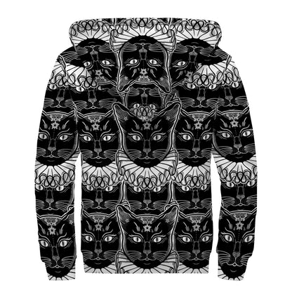Black And White Gothic Wiccan Cat Print Sherpa Lined Zip Up Hoodie