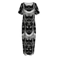 Black And White Gothic Wiccan Cat Print Short Sleeve Long Nightdress