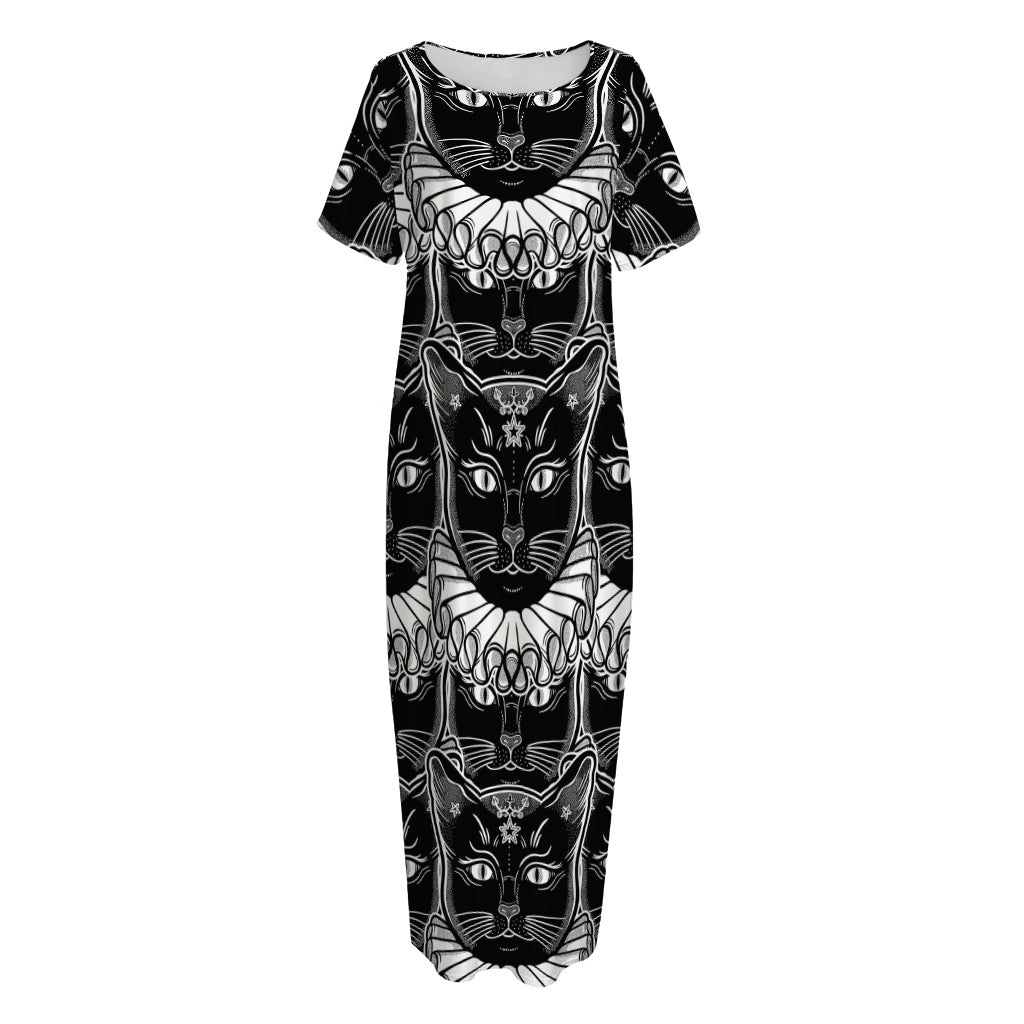 Black And White Gothic Wiccan Cat Print Short Sleeve Long Nightdress